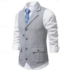 Hot OUKU Men's Vest Gilet Vacation Daily Date Fashion Casual Spring & Fall Buttons Pocket 75% Cotton Comfortable Plain Single Breasted One-button Lapel Regular Fit Burgundy Navy Blue Dark Green Khaki Vest