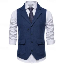 Hot OUKU Men's Vest Gilet Vacation Daily Date Fashion Casual Spring & Fall Buttons Pocket 75% Cotton Comfortable Plain Single Breasted One-button Lapel Regular Fit Burgundy Navy Blue Dark Green Khaki Vest