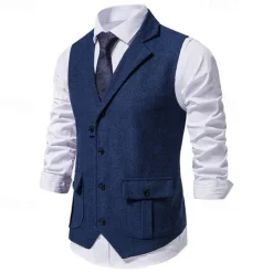Hot OUKU Men's Vest Gilet Vacation Daily Date Fashion Casual Spring & Fall Buttons Pocket 75% Cotton Comfortable Plain Single Breasted One-button Lapel Regular Fit Burgundy Navy Blue Dark Green Khaki Vest