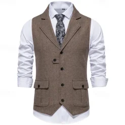 Hot OUKU Men's Vest Gilet Vacation Daily Date Fashion Casual Spring & Fall Buttons Pocket 75% Cotton Comfortable Plain Single Breasted One-button Lapel Regular Fit Burgundy Navy Blue Dark Green Khaki Vest