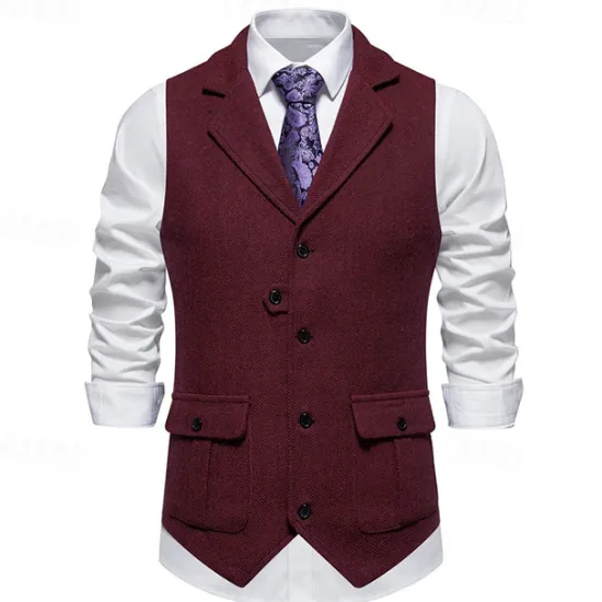 Hot OUKU Men's Vest Gilet Vacation Daily Date Fashion Casual Spring & Fall Buttons Pocket 75% Cotton Comfortable Plain Single Breasted One-button Lapel Regular Fit Burgundy Navy Blue Dark Green Khaki Vest