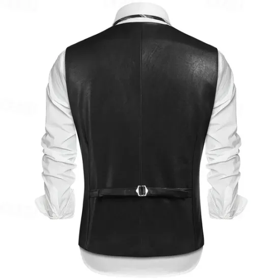 Sale OUKU Men's Vest Gilet Vacation Daily Date Fashion Casual Spring Fall Buttons Pocket Faux Leather Comfortable Plain Single Breasted One-button Lapel Regular Fit Dark Brown Black Red Light Brown Vest