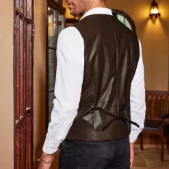 Sale OUKU Men's Vest Gilet Vacation Daily Date Fashion Casual Spring Fall Buttons Pocket Faux Leather Comfortable Plain Single Breasted One-button Lapel Regular Fit Dark Brown Black Red Light Brown Vest