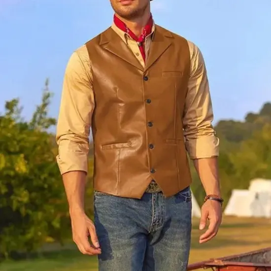 Sale OUKU Men's Vest Gilet Vacation Daily Date Fashion Casual Spring Fall Buttons Pocket Faux Leather Comfortable Plain Single Breasted One-button Lapel Regular Fit Dark Brown Black Red Light Brown Vest