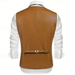 Sale OUKU Men's Vest Gilet Vacation Daily Date Fashion Casual Spring Fall Buttons Pocket Faux Leather Comfortable Plain Single Breasted One-button Lapel Regular Fit Dark Brown Black Red Light Brown Vest