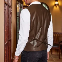 Sale OUKU Men's Vest Gilet Vacation Daily Date Fashion Casual Spring Fall Buttons Pocket Faux Leather Comfortable Plain Single Breasted One-button Lapel Regular Fit Dark Brown Black Red Light Brown Vest
