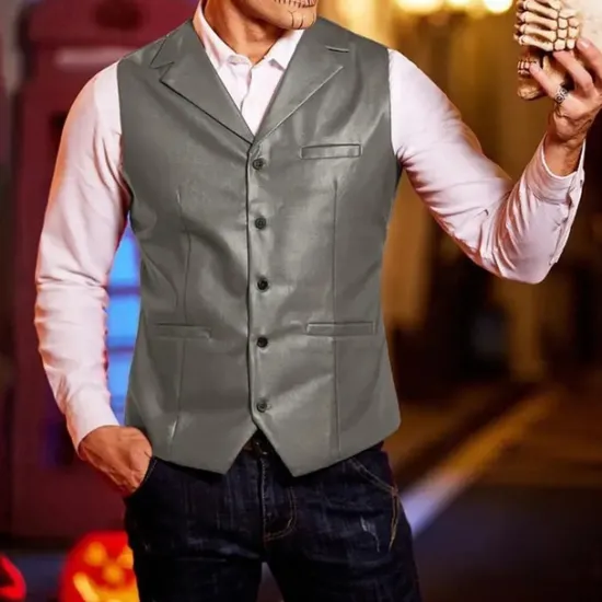 Sale OUKU Men's Vest Gilet Vacation Daily Date Fashion Casual Spring Fall Buttons Pocket Faux Leather Comfortable Plain Single Breasted One-button Lapel Regular Fit Dark Brown Black Red Light Brown Vest