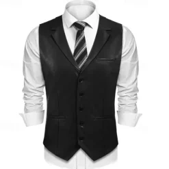 Sale OUKU Men's Vest Gilet Vacation Daily Date Fashion Casual Spring Fall Buttons Pocket Faux Leather Comfortable Plain Single Breasted One-button Lapel Regular Fit Dark Brown Black Red Light Brown Vest