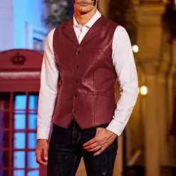 Sale OUKU Men's Vest Gilet Vacation Daily Date Fashion Casual Spring Fall Buttons Pocket Faux Leather Comfortable Plain Single Breasted One-button Lapel Regular Fit Dark Brown Black Red Light Brown Vest