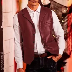 Sale OUKU Men's Vest Gilet Vacation Daily Date Fashion Casual Spring Fall Buttons Pocket Faux Leather Comfortable Plain Single Breasted One-button Lapel Regular Fit Dark Brown Black Red Light Brown Vest