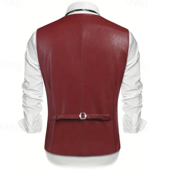 Sale OUKU Men's Vest Gilet Vacation Daily Date Fashion Casual Spring Fall Buttons Pocket Faux Leather Comfortable Plain Single Breasted One-button Lapel Regular Fit Dark Brown Black Red Light Brown Vest