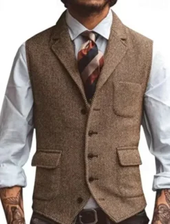Sale OUKU Men's Vest Gilet Vacation Daily Date Fashion Casual Spring & Fall Buttons Pocket Polyester Comfortable Plain Single Breasted One-button Lapel Regular Fit Silver Dark Brown Black Champagne Vest
