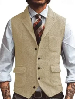 Sale OUKU Men's Vest Gilet Vacation Daily Date Fashion Casual Spring & Fall Buttons Pocket Polyester Comfortable Plain Single Breasted One-button Lapel Regular Fit Silver Dark Brown Black Champagne Vest