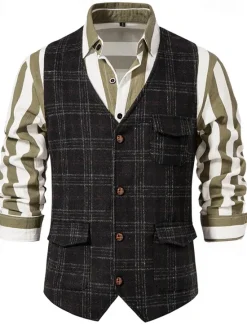 Hot OUKU Men's Vest Gilet Wedding Event / Party Daily Fashion Business Spring & Summer Button Pocket Polyester Comfortable Plaid Double Breasted Lapel Regular Fit Light Grey Dark Gray Coffee Vest