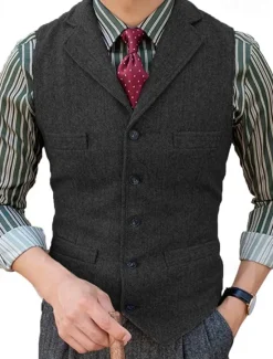 Outlet OUKU Men's Vest Gilet Wedding Event / Party Daily Fashion Business Spring & Fall Button Pocket Polyester Comfortable Plain Single Breasted One-button Lapel Regular Fit Black Dark Gray Vest