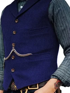 Clearance OUKU Men's Vest Gilet Wedding Event / Party Daily Fashion Business Spring & Summer Button Pocket Thick Chain Polyester Comfortable Plain Single Breasted One-button Lapel Regular Fit Black Burgundy Navy