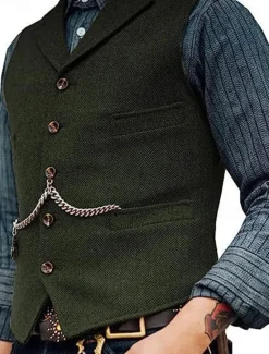 Clearance OUKU Men's Vest Gilet Wedding Event / Party Daily Fashion Business Spring & Summer Button Pocket Thick Chain Polyester Comfortable Plain Single Breasted One-button Lapel Regular Fit Black Burgundy Navy