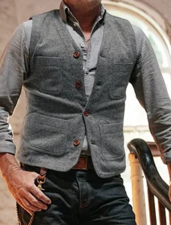 New OUKU Men's Vest Gilet Wedding Event / Party Daily Fashion Business Spring & Fall Button Pocket Polyester Comfortable Plain Single Breasted One-button V Neck Regular Fit Black Light Grey Vest
