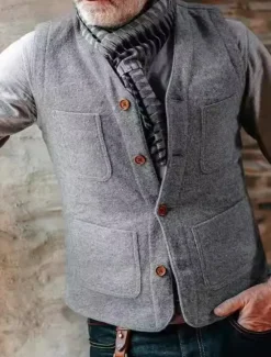 New OUKU Men's Vest Gilet Wedding Event / Party Daily Fashion Business Spring & Fall Button Pocket Polyester Comfortable Plain Single Breasted One-button V Neck Regular Fit Black Light Grey Vest