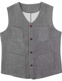 New OUKU Men's Vest Gilet Wedding Event / Party Daily Fashion Business Spring & Fall Button Pocket Polyester Comfortable Plain Single Breasted One-button V Neck Regular Fit Black Light Grey Vest
