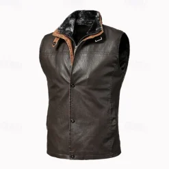 Online OUKU Men's Vest Gilet Wedding Event / Party Daily Fashion Business Fall & Winter Pocket Fleece PU Leather Thermal Warm Plain Zipper Stand Collar Regular Fit Vest Coffee