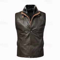 Online OUKU Men's Vest Gilet Wedding Event / Party Daily Fashion Business Fall & Winter Pocket Fleece PU Leather Thermal Warm Plain Zipper Stand Collar Regular Fit Vest Coffee