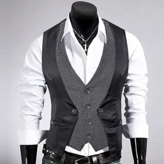 Sale OUKU Men's Vest Gilet Wedding Event / Party Daily Fashion Business Spring & Fall Patchwork Button 2 in 1 Polyester Comfortable Color Block Single Breasted One-button V Neck Regular Fit Black Navy Blue