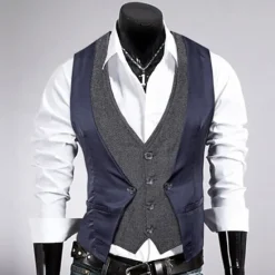 Sale OUKU Men's Vest Gilet Wedding Event / Party Daily Fashion Business Spring & Fall Patchwork Button 2 in 1 Polyester Comfortable Color Block Single Breasted One-button V Neck Regular Fit Black Navy Blue
