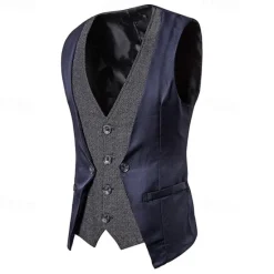 Sale OUKU Men's Vest Gilet Wedding Event / Party Daily Fashion Business Spring & Fall Patchwork Button 2 in 1 Polyester Comfortable Color Block Single Breasted One-button V Neck Regular Fit Black Navy Blue