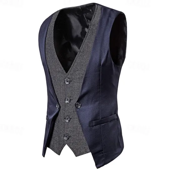 Sale OUKU Men's Vest Gilet Wedding Event / Party Daily Fashion Business Spring & Fall Patchwork Button 2 in 1 Polyester Comfortable Color Block Single Breasted One-button V Neck Regular Fit Black Navy Blue