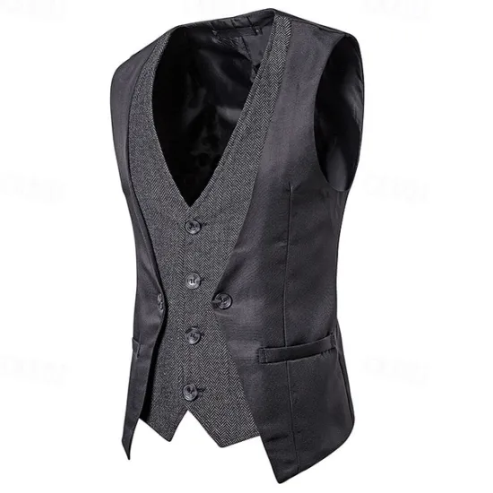 Sale OUKU Men's Vest Gilet Wedding Event / Party Daily Fashion Business Spring & Fall Patchwork Button 2 in 1 Polyester Comfortable Color Block Single Breasted One-button V Neck Regular Fit Black Navy Blue