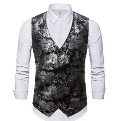 Sale OUKU Men's Vest Gilet Wedding Party Bar Stylish Comfortable Summer Spring Pocket Polyester Breathable Floral Single Breasted V Neck Regular Fit Silver Black Dark Navy Gold Vest