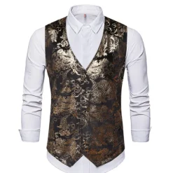 Sale OUKU Men's Vest Gilet Wedding Party Bar Stylish Comfortable Summer Spring Pocket Polyester Breathable Floral Single Breasted V Neck Regular Fit Silver Black Dark Navy Gold Vest
