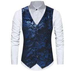 Sale OUKU Men's Vest Gilet Wedding Party Bar Stylish Comfortable Summer Spring Pocket Polyester Breathable Floral Single Breasted V Neck Regular Fit Silver Black Dark Navy Gold Vest