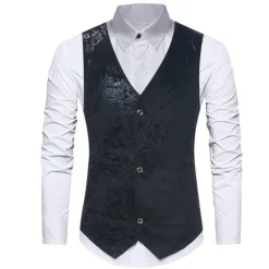 Sale OUKU Men's Vest Gilet Wedding Party Bar Stylish Comfortable Summer Spring Pocket Polyester Breathable Floral Single Breasted V Neck Regular Fit Silver Black Dark Navy Gold Vest