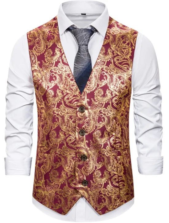 Outlet OUKU Men's Vest Gilet Wedding Smart Casual Polyester Geometric V Neck Skinny Red Purple Gold Vest