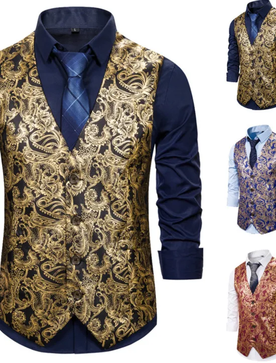 Outlet OUKU Men's Vest Gilet Wedding Smart Casual Polyester Geometric V Neck Skinny Red Purple Gold Vest