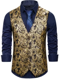 Outlet OUKU Men's Vest Gilet Wedding Smart Casual Polyester Geometric V Neck Skinny Red Purple Gold Vest