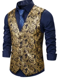 Outlet OUKU Men's Vest Gilet Wedding Smart Casual Polyester Geometric V Neck Skinny Red Purple Gold Vest