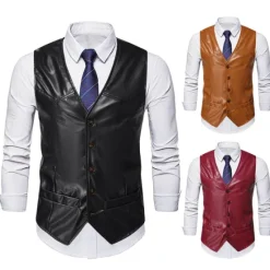 Best OUKU Men's Vest Leather Vest Birthday Party Casual Daily Traditional / Classic All Seasons Faux Leather Lightweight Solid / Plain Color Single Breasted Collarless Slim Fit claret Black Brown Vest