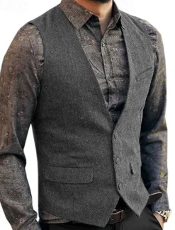 Discount OUKU Men's Vest Suit Vest Waistcoat Wedding Party Evening Wear Festival Vintage Casual Cotton Blend Solid Colored Single Breasted One-button V Neck Slim Black Wine Red Navy Blue Vest