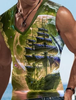 Best OUKU Men's Vest Top Sleeveless T Shirt for Men Graphic Boat V Neck Clothing Apparel 3D Print Sports Running Sleeveless 3D Print Designer Casual Muscle
