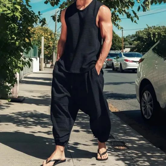 New OUKU Men's Vest Top T-shirt Suits Shirt and Pant Sets 2 Pieces Outfits Sleeveless Crewneck Summer Plain Fashion Casual 2 Piece Vacation Daily Wear Going out Top Tee for Men Black