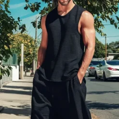 New OUKU Men's Vest Top T-shirt Suits Shirt and Pant Sets 2 Pieces Outfits Sleeveless Crewneck Summer Plain Fashion Casual 2 Piece Vacation Daily Wear Going out Top Tee for Men Black