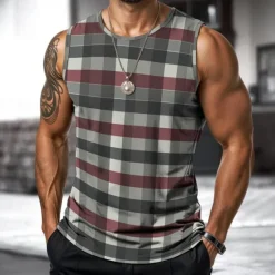 Sale OUKU Men's Vest Top Undershirt Sleeveless Shirt Sleeveless Crewneck Spring & Summer Plaid / Striped / Chevron / Round Fashion Designer Vacation Street Going out Black Brown Khaki Top Tee for Men