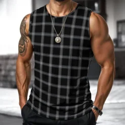 Sale OUKU Men's Vest Top Undershirt Sleeveless Shirt Sleeveless Crewneck Spring & Summer Plaid / Striped / Chevron / Round Fashion Designer Vacation Street Going out Black Brown Khaki Top Tee for Men