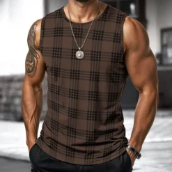 Sale OUKU Men's Vest Top Undershirt Sleeveless Shirt Sleeveless Crewneck Spring & Summer Plaid / Striped / Chevron / Round Fashion Designer Vacation Street Going out Black Brown Khaki Top Tee for Men