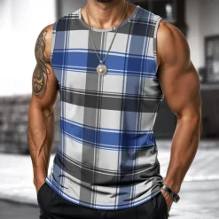 Sale OUKU Men's Vest Top Undershirt Sleeveless Shirt Sleeveless Crewneck Spring & Summer Plaid / Striped / Chevron / Round Fashion Designer Vacation Street Going out Black Brown Khaki Top Tee for Men