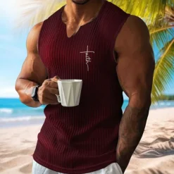 New OUKU Men's Vest Top Undershirt Sleeveless Shirt Sleeveless V Neck Spring & Summer Pattern Fashion Designer Vacation Street Going out White Wine Dark Gray Top Tee for Men