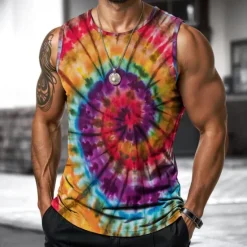Online OUKU Men's Vest Top Undershirt Sleeveless Shirt Sleeveless Crewneck Spring & Summer Tie Dye Fashion Designer Vacation Street Going out Blue Purple Orange Top Tee for Men
